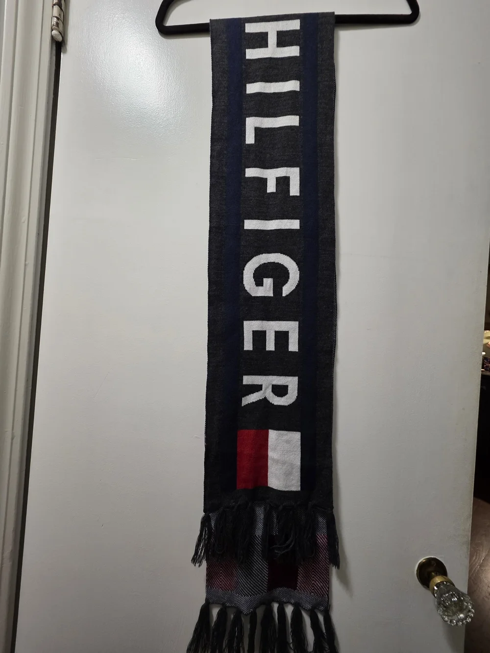 Tommy Hilfiger Blue Logo Scarf with Red & White Blocks